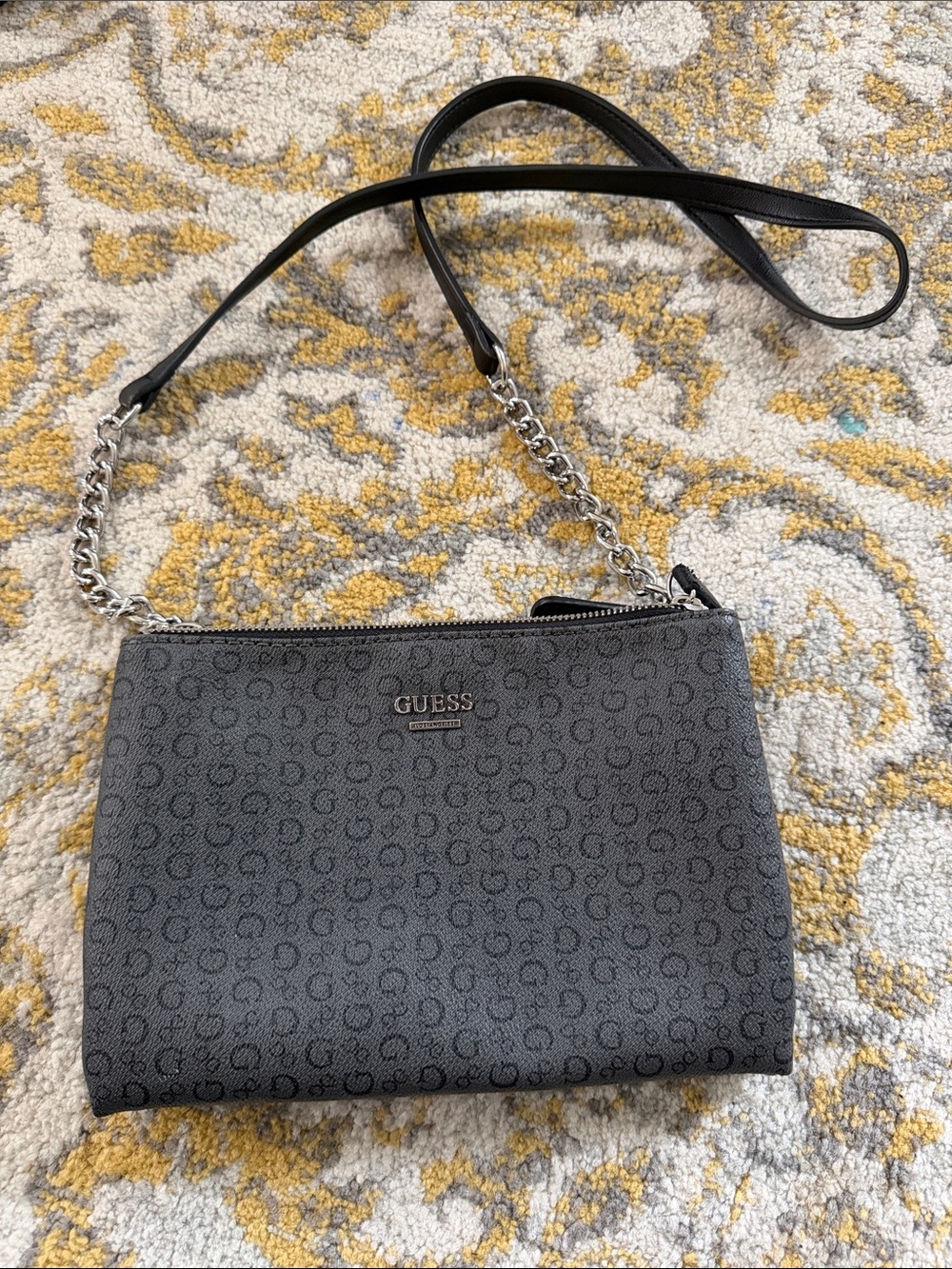 GUESS Charcoal Gray Monogram Crossbody with Chain Strap